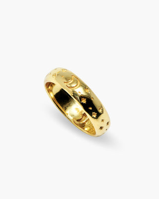 To the Moon and Back ring in 14K gold plated, moon and star band, angled view