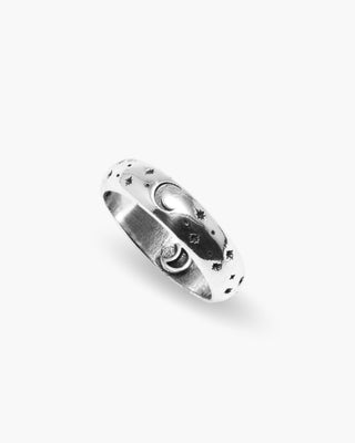 To the Moon and Back ring in 925 sterling silver, moon and star band, angled view