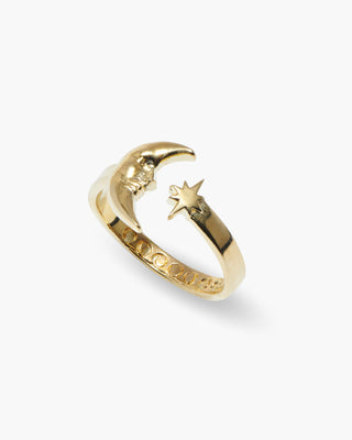 Sad Man in the Moon ring in 14K gold plated, open moon and star wrap, angled view