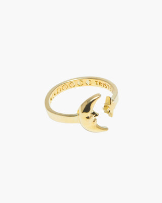Sad Man in the Moon ring in 14K gold plated, open moon and star wrap, front view