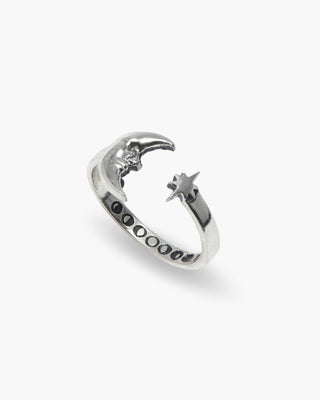 Sad Man in the Moon ring in 925 sterling silver, open moon and star wrap, angled view