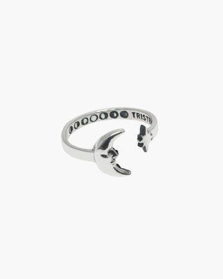 Sad Man in the Moon ring in 925 sterling silver, open moon and star wrap, front view