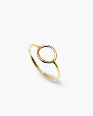 Halo Stacker ring in 14K gold plated, thin open circle stacker, angled view