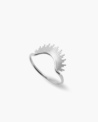 Heaven Stacker ring in 925 sterling silver, sunburst arch stacker, angled view
