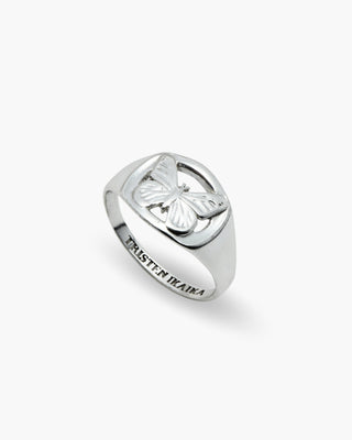 Metamorphosis ring in 925 sterling silver, butterfly signet, angled view