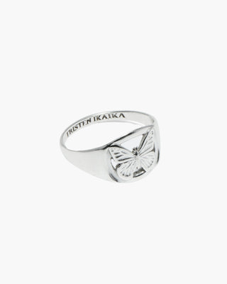 Metamorphosis ring in 925 sterling silver, butterfly signet, front view