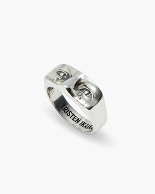 Sad Boi ring in 925 sterling silver, sculpted face signet, angled view