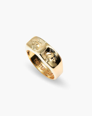 Sad Boi ring in 14K gold plated, sculpted face signet, angled view