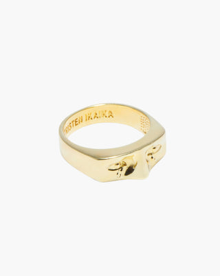 Sad Boi ring in 14K gold plated, sculpted face signet, front view