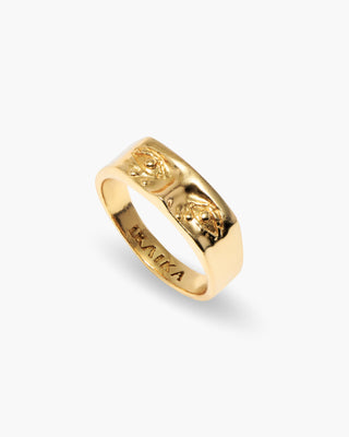 Her Tears ring in 14K gold plated, signet with engraved eyes, angled view