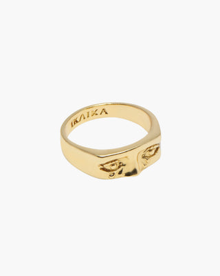 Her Tears ring in 14K gold plated, signet with engraved eyes, front view