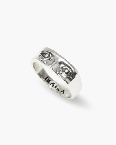 Her Tears ring in 925 sterling silver, signet with engraved eyes, angled view