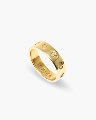 Homecoming ring in 14K gold plated, band of broken hearts, angled view
