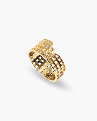 Roman Empire ring in 14K gold plated, Colosseum wrap, angled view