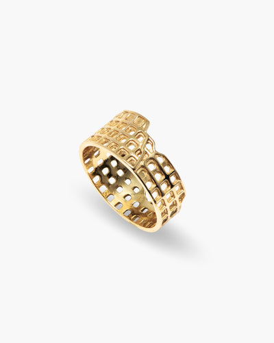 Roman Empire ring in 14K gold plated, Colosseum wrap, angled view
