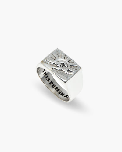 Make Waves ring in 925 sterling silver, wave signet, angled view