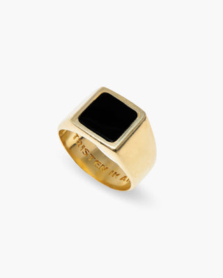 The Moment ring in 14K gold plated, black stone signet, angled view