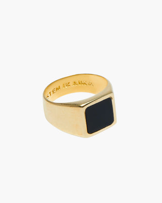 The Moment ring in 14K gold plated, black stone signet, front view