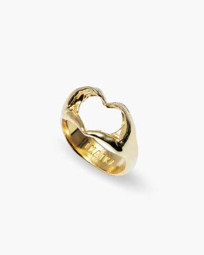 Love Language ring in 14K gold plated, two hands forming a heart, angled view