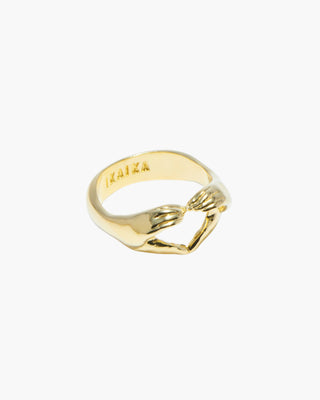 Love Language ring in 14K gold plated, two hands forming a heart, front view
