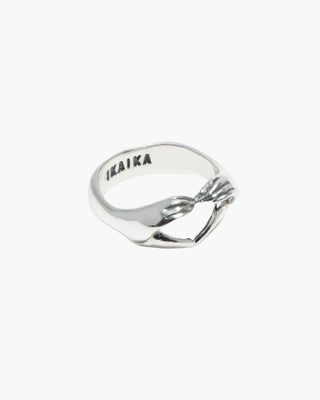 Love Language ring in 925 sterling silver, two hands forming a heart, front view