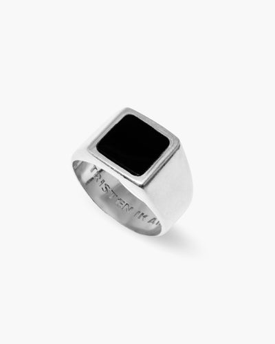 The Moment ring in 925 sterling silver, black stone signet, angled view