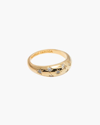 Flashing Lights ring in 14K gold plated, domed ring with star-set cubic zirconia, front view