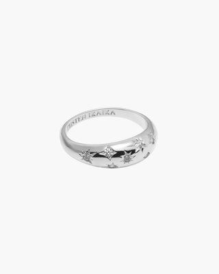 Flashing Lights ring in 925 sterling silver, domed ring with star-set cubic zirconia, front view
