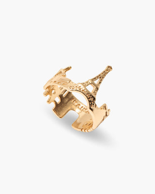 City of Love ring in 14K gold plated, Paris landmarks wrap with the Eiffel Tower, angled view