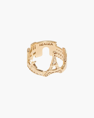 City of Love ring in 14K gold plated, Paris landmarks wrap with the Eiffel Tower, front view