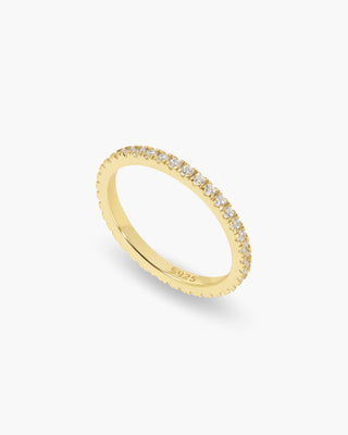 Thin Ice ring in 14K gold plated, thin cubic zirconia band, angled view