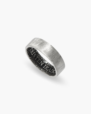 This Is Your Life ring in 925 sterling silver, brushed band with an engraved pattern inside, angled view