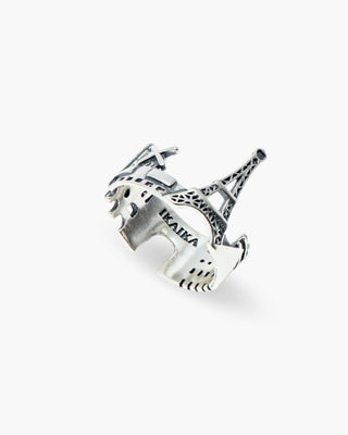 City of Love ring in 925 sterling silver, Paris landmarks wrap with the Eiffel Tower, angled view