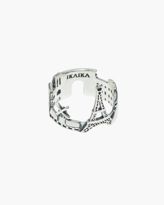 City of Love ring in 925 sterling silver, Paris landmarks wrap with the Eiffel Tower, front view