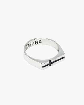 Cross the World ring in 925 sterling silver, flat cross signet with Old English lettering inside, front view