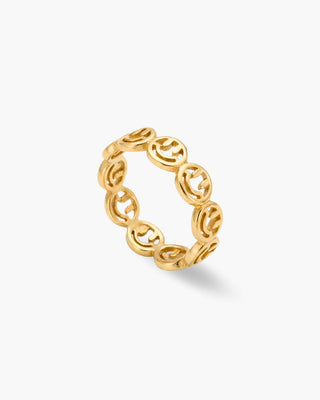 Happy Hour ring in 14K gold plated, band of smiley faces, angled view