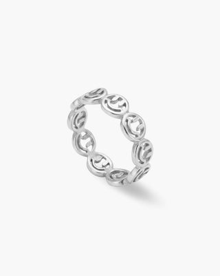 Happy Hour ring in 925 sterling silver, band of smiley faces, angled view