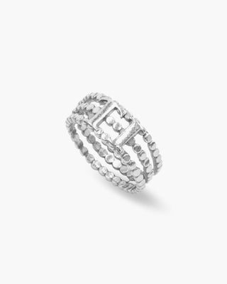 Ti Stack City ring in 925 sterling silver, stacked band with a beaded edge, angled view