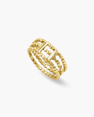 Ti Stack City ring in 14K gold plated, stacked band with a beaded edge, angled view