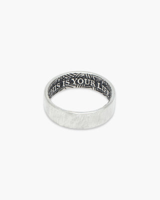 This Is Your Life ring in 925 sterling silver, brushed band with an engraved pattern inside, front view