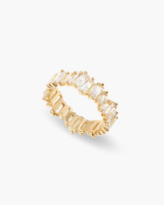 Icy Wifey ring in 14K gold plated, baguette cubic zirconia band, angled view