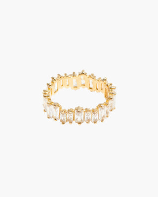 Icy Wifey ring in 14K gold plated, baguette cubic zirconia band, front view