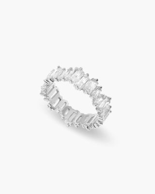 Icy Wifey ring in 925 sterling silver, baguette cubic zirconia band, angled view