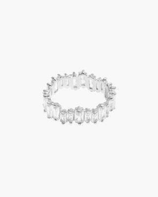 Icy Wifey ring in 925 sterling silver, baguette cubic zirconia band, front view