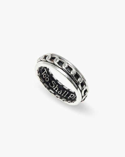 This Too Shall Pass ring in 925 sterling silver, spinner chain band, angled view