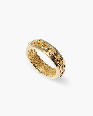 This Too Shall Pass ring in 14K gold plated, spinner chain band, angled view