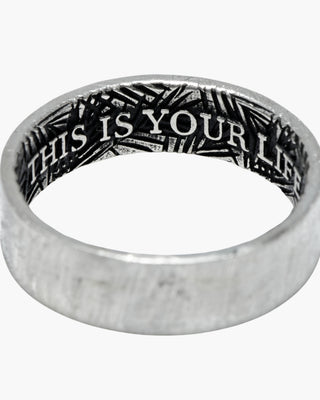 This Is Your Life ring in 925 sterling silver, inside of the band showing the engraved pattern and THIS IS YOUR LIFE lettering