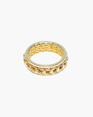 This Too Shall Pass ring in 14K gold plated, spinner chain band, front view