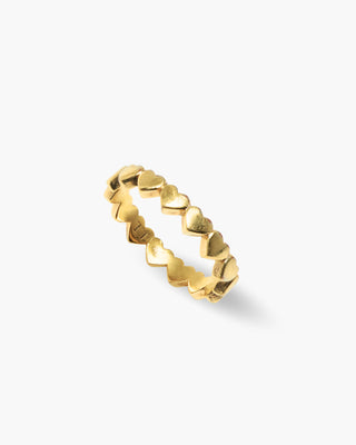 All Love ring in 14K gold plated, band of hearts, angled view