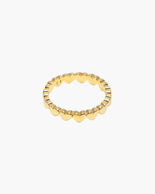 All Love ring in 14K gold plated, band of hearts, front view